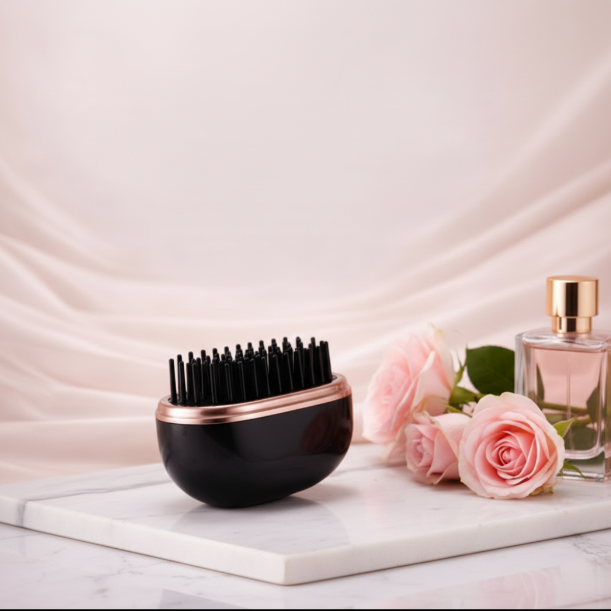Schwarze Haarbürste auf Marmor mit Rosen